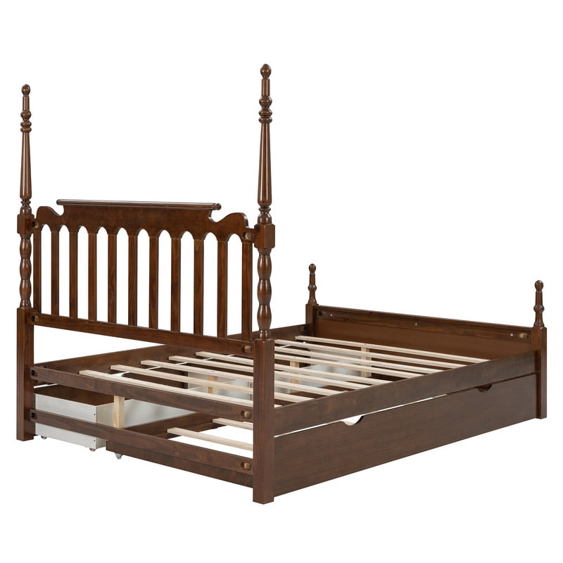 Queen Size Platform Bed with Twin XL Trundle and 2 Storage Drawers, Wooden Bed Frame with Vintage Spindle Headboard & Footboard