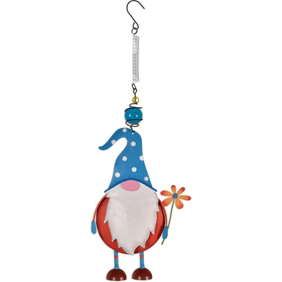 Gnome With Flower Blue 17.75 Inches Metal Hanging Bouncy Garden Decoration