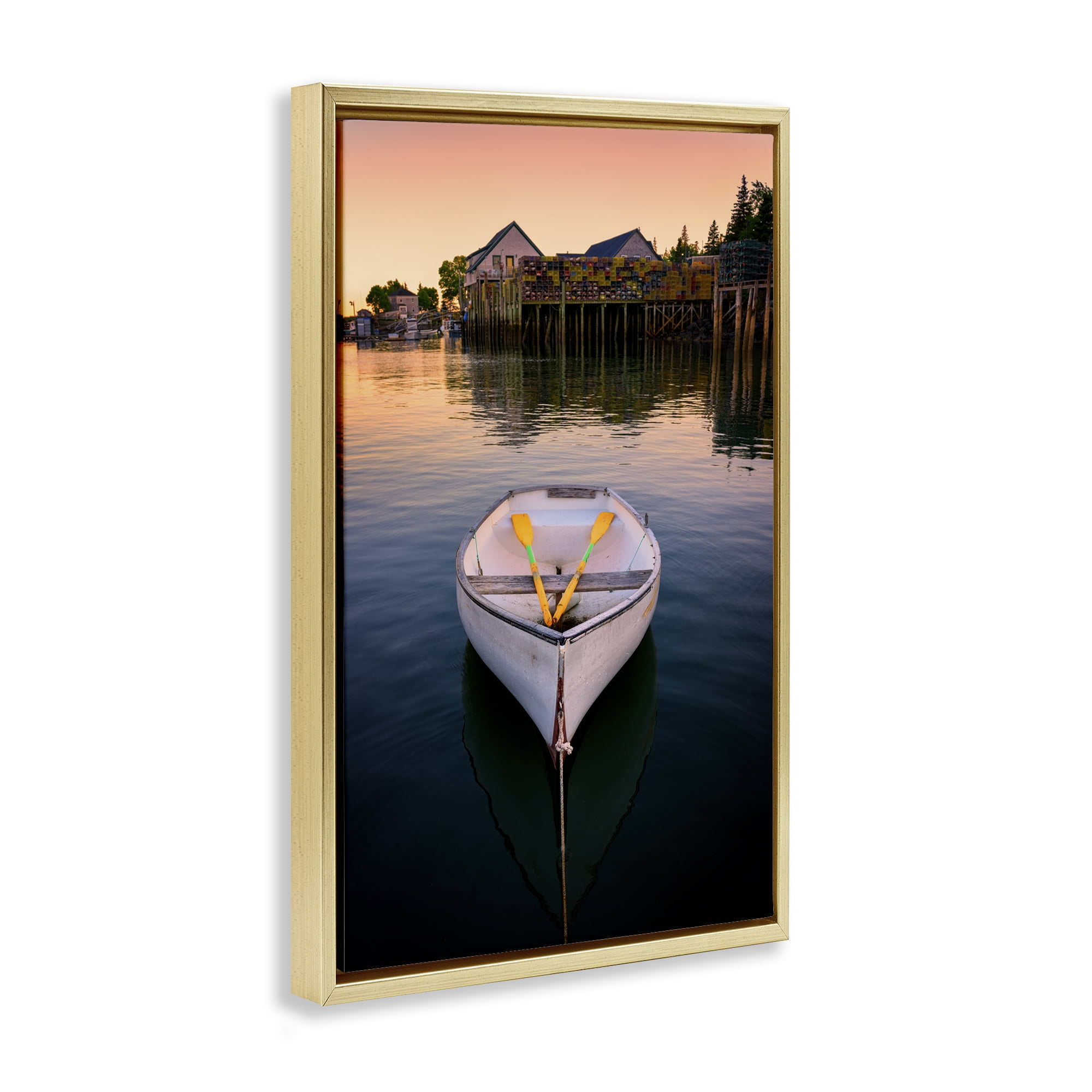 Stupell Industries Docked Rowboat with Oars Transportation Photography Gold Floater Framed Canvas Art Print Wall Art, 17 x 25