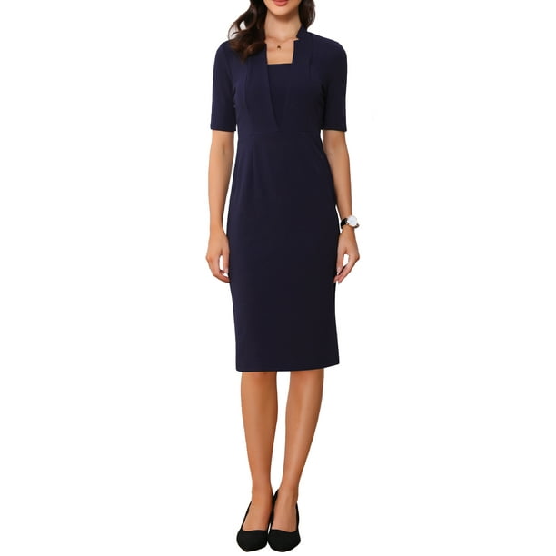 Vestido ajustado de mujer Inspire Chic con escote en V, mangas cortas, vestido midi bodycon para el trabajo, azul oscuro, talla XL