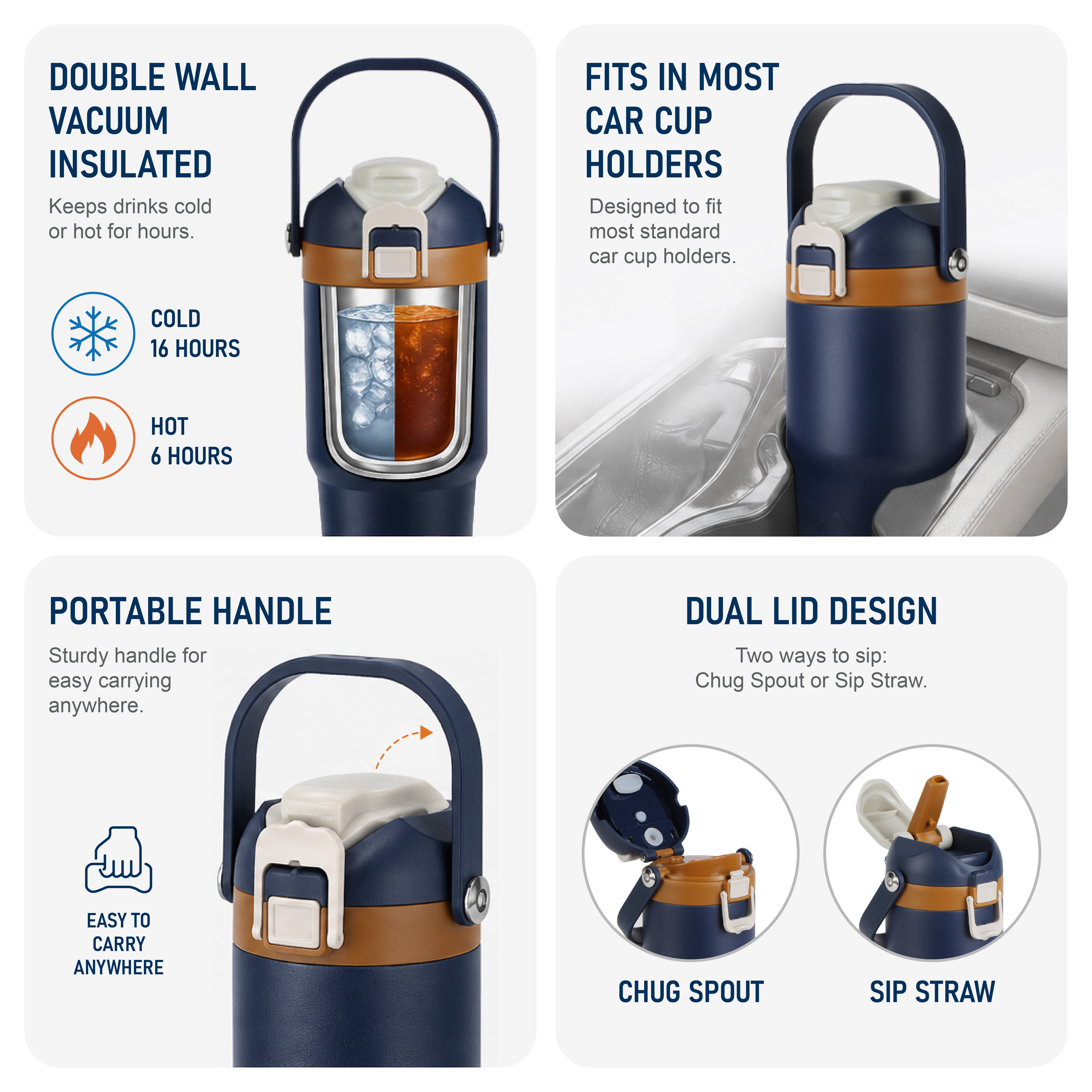Termo de acero inoxidable al vacío de 18 oz con doble tapa, pared doble, tapa para sorber y verter, color Blue Cove 4