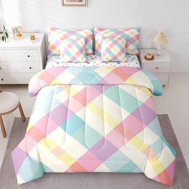 Erosebridal Colorful Buffalo Bed in a Bag Full Size, Geometric Check Bed Set, Reversible 7-Piece