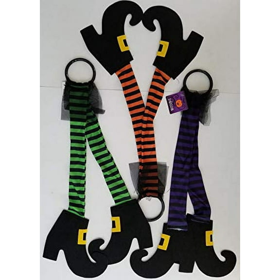 Halloween Dangling Witch Leg Decorations 22?Hx15?W, Green, Orange & Purple Striped Stockings 3/Pk
