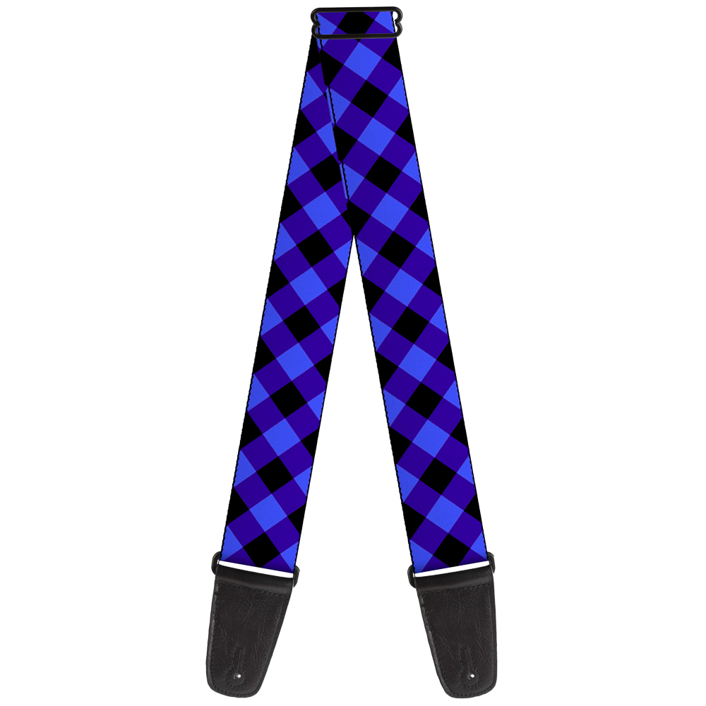 Buckle-Down Guitar Strap, Diagonal Buffalo Plaid Black Blue, 2 Inches Wide