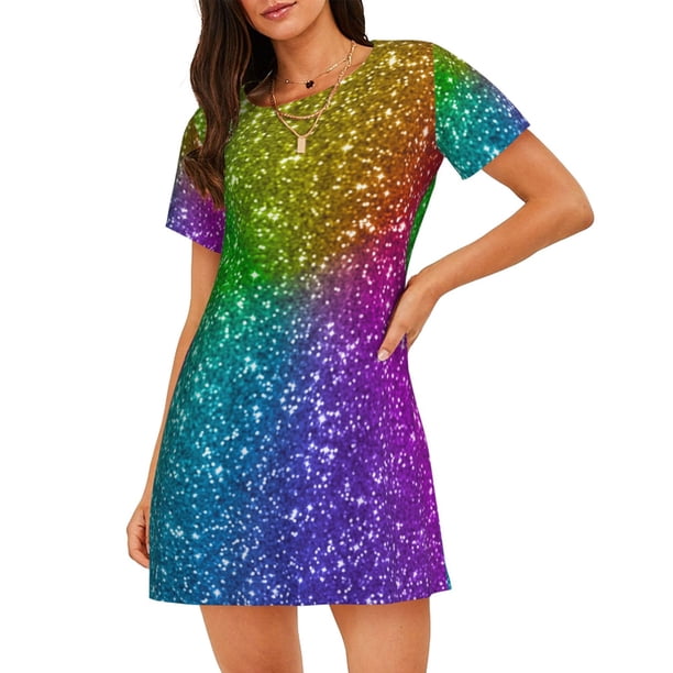 Easygdp Colorful Glitter Camisón de manga corta para mujer, informal, estampado