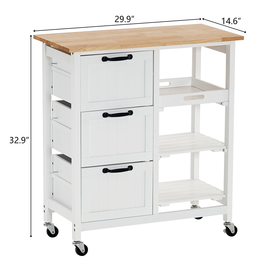 Kadyn Kitchen Island Cart, Moveable Kitchen Cart with Three Drawers and Three Layers Black Handle, Rolling Bar Cart for Home, White Kadyn Kitchen Island Cart, Moveable Kitchen Cart with Three Drawers and Three Layers Black Handle, Rolling Bar Cart for Home, White