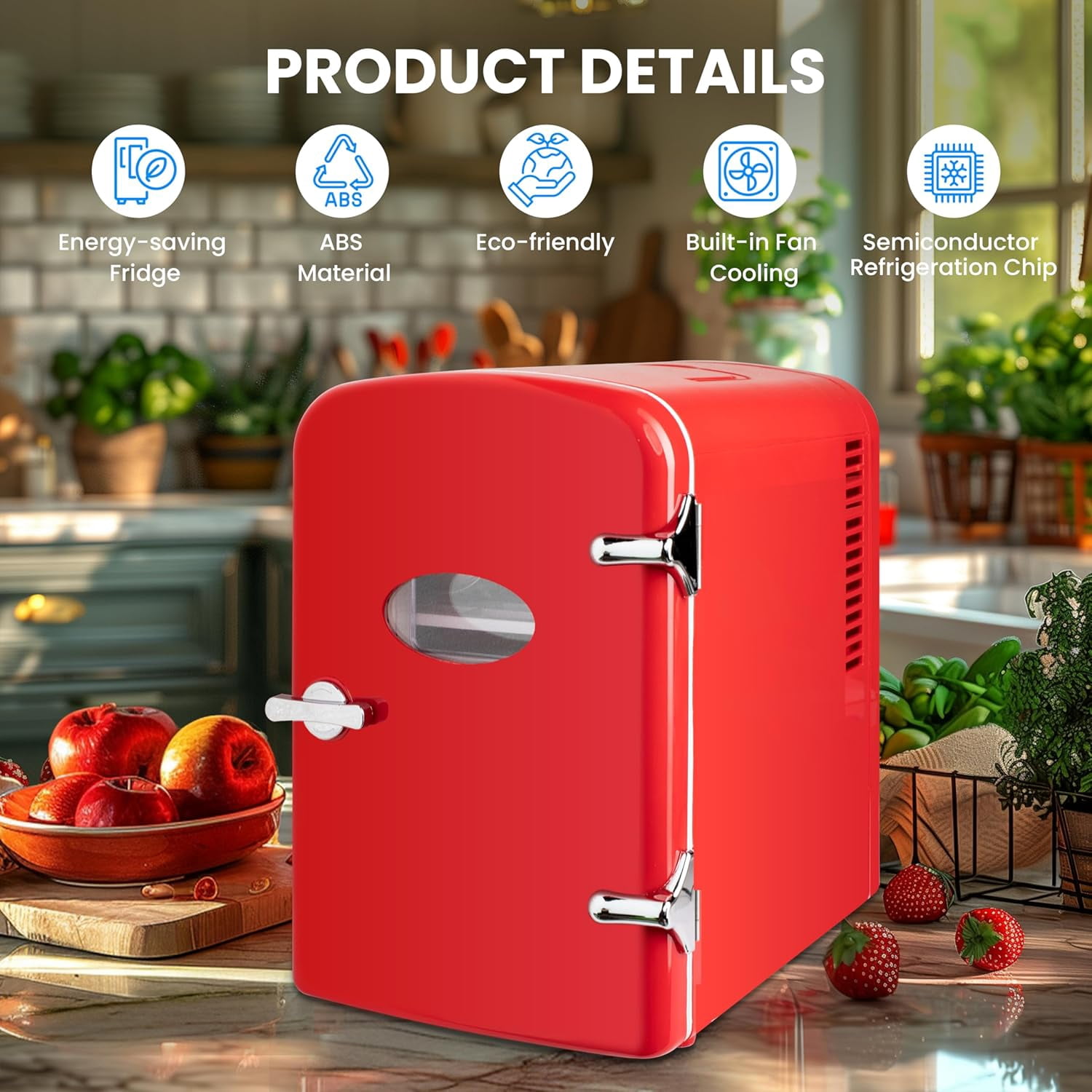 Simple Deluxe 4L/6 Can Mini Fridge with Observation Window, Portable Cooler & Warmer Freon-Free Small Refrigerator, Provide Compact Storage for Skincare, Beverage, for Bedroom, Office, Dorm, Red