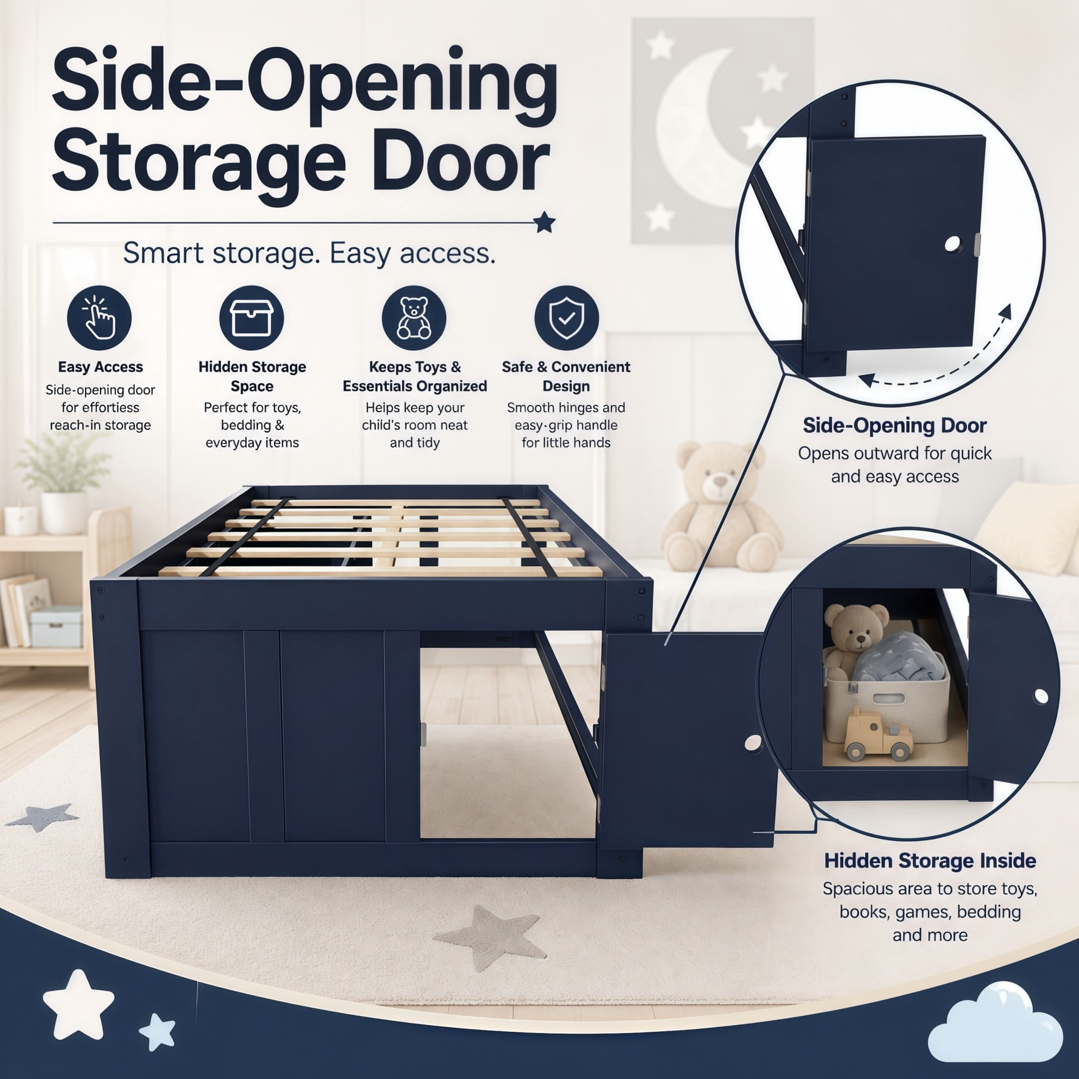 GDF Studio Tyler Twin Size Captain Bed with Storage Drawers & Side Door, Modern Space-Saving Bed for Kids, Navy Blue