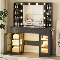 PUFFCAFE Makeup Vanity Desk with Mirror and Lights,Glass Top Vanity Table with RGB Cabinets,Large Dressing Table for Women Bedroom,Black Vanity