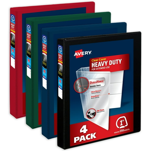 Avery Heavy-Duty View 3 Ring Binders, 1 inch One Touch Slant Rings, 250-Sheet Capacity, DuraHinge, 1.4 inch Wide Spine, Customizable Clear Cover and Spine, Assorted Dark Colors (4-Pack of 79632)