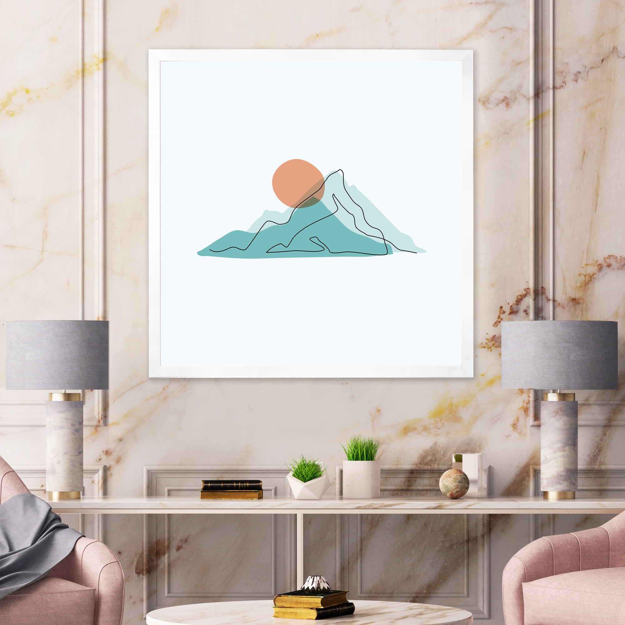 Designart 'Abstract Blue Mountains With Red Moon II' Modern Framed Art Print
