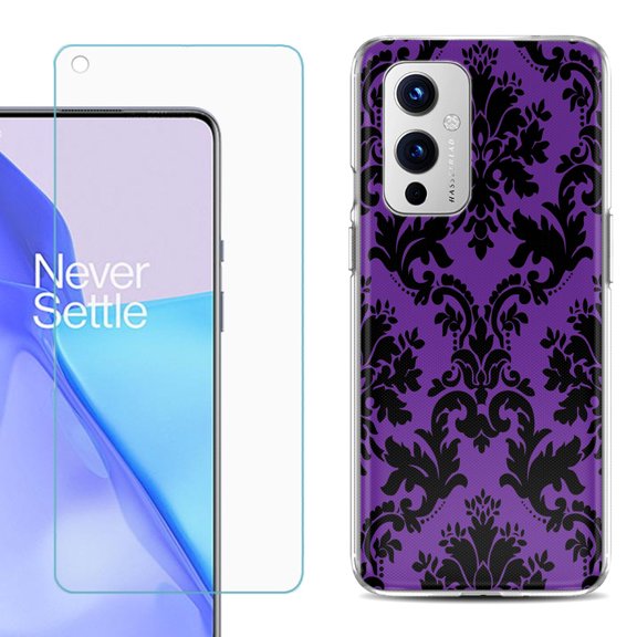 Slim-Fit TPU Phone Case Compatible with OnePlus 9 5G, with Tempered Glass Screen Protector, by OneToughShield ® - Victorian Purple/Black