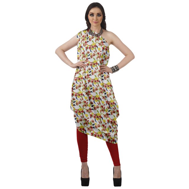 Moomaya Robe Kurti à une Épaule Imprimée pour Femme, Sans Manches, à Col Bénitier, Style Bohème, Tenue de Soirée de Designer