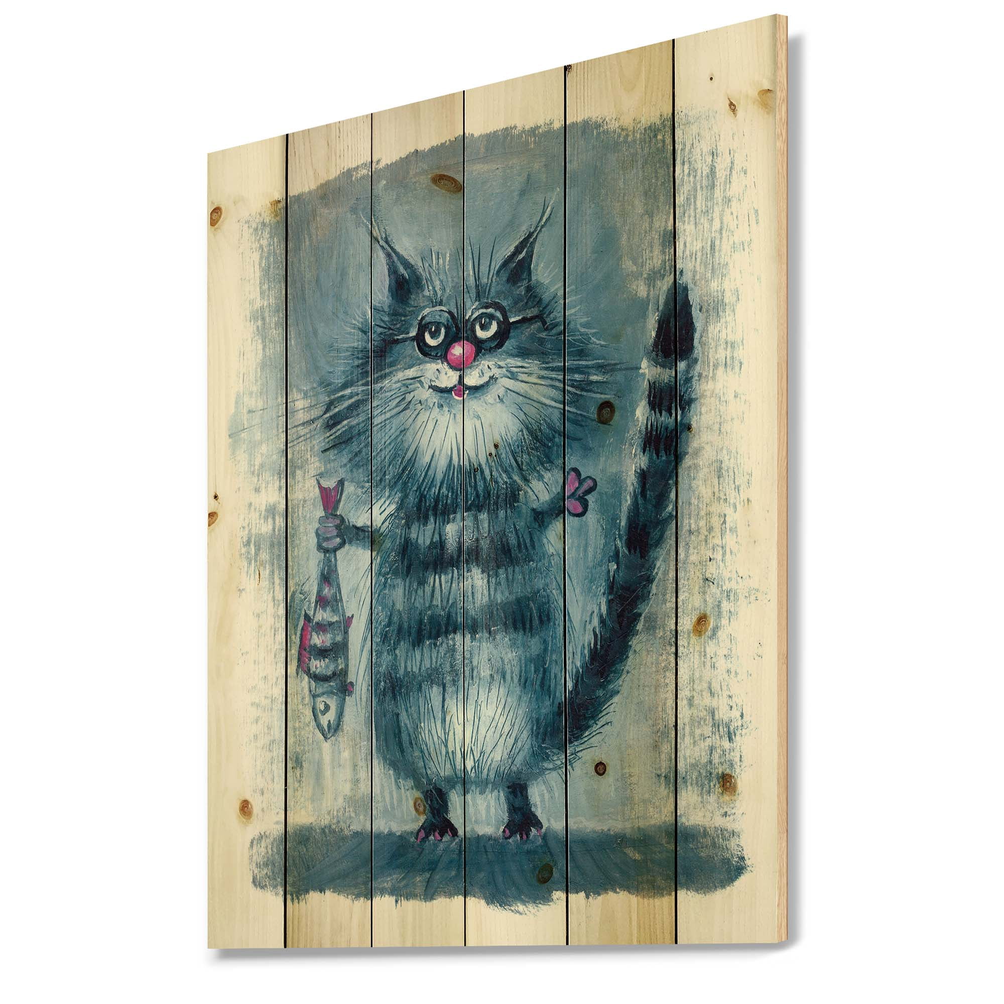Designart 'Standing Cat Holding A Fish In Its Claws' Nautical & Coastal Print on Natural Pine Wood