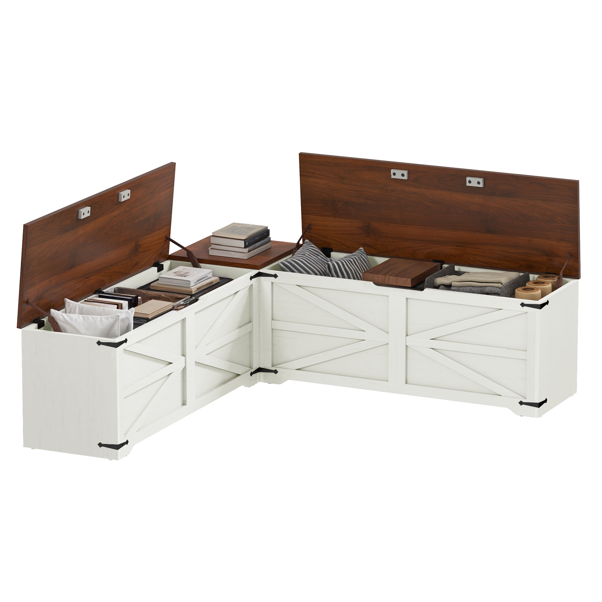 Uforic L-Shaped Nook Corner Bench with Storage,Wooden Storage Chest, Kitchen Bench Seating with Hidden Storage - White & Brown