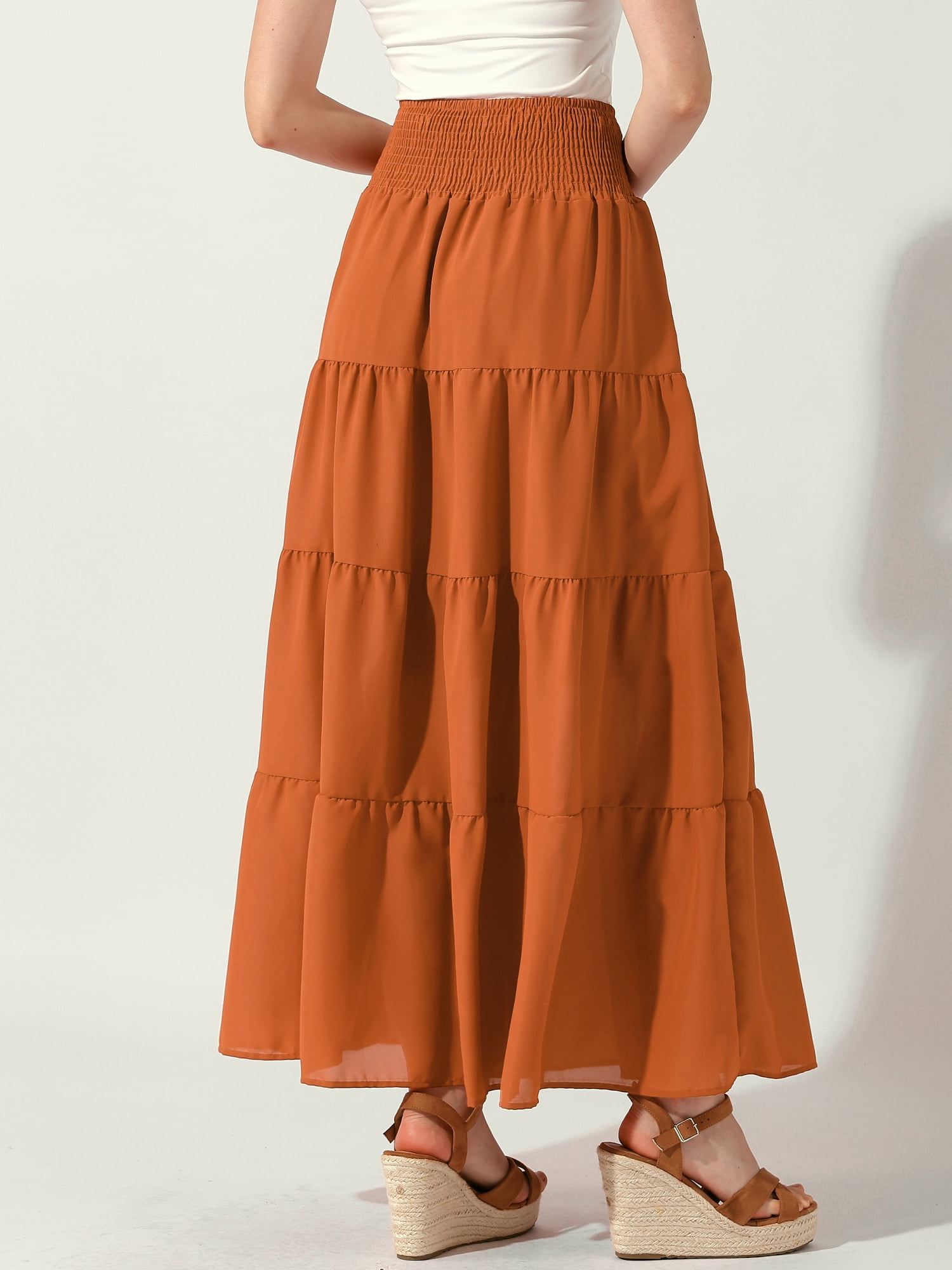 DARING DIVA Women Elastic Waist Tiered Smocked Flowy Maxi Skirt S Dark Orange