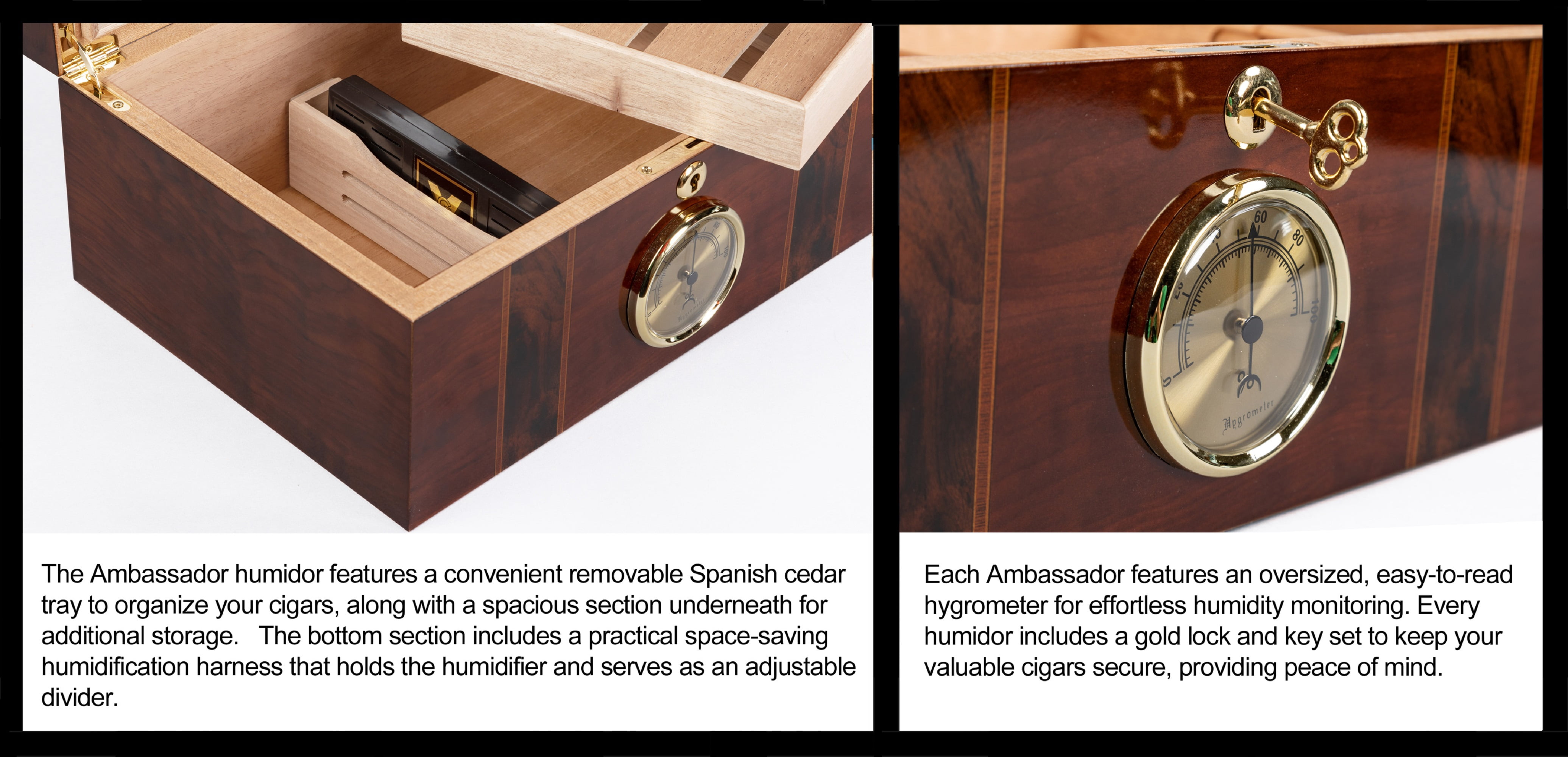 Ambassador Beveled Glass Top Cigar Humidor - High Gloss Dark Mahogany Finish - Capacity: 100