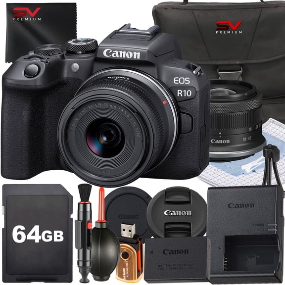 Canon EOS R10 Mirrorless Camera with RF-S 18-45mm Lens 64GB Memory Card Case SV Premium Accessory Bundle (International Version)