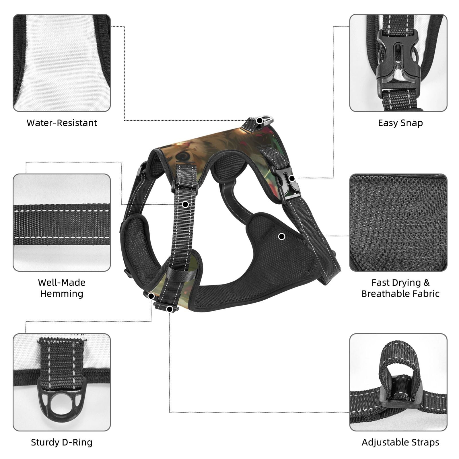 Vsdgher Cute Kitten Water Lilies Dog Harness, No-Pull Pet Harness, Dog Vest, Pet Vest for Small to Large Dogs-X-Large