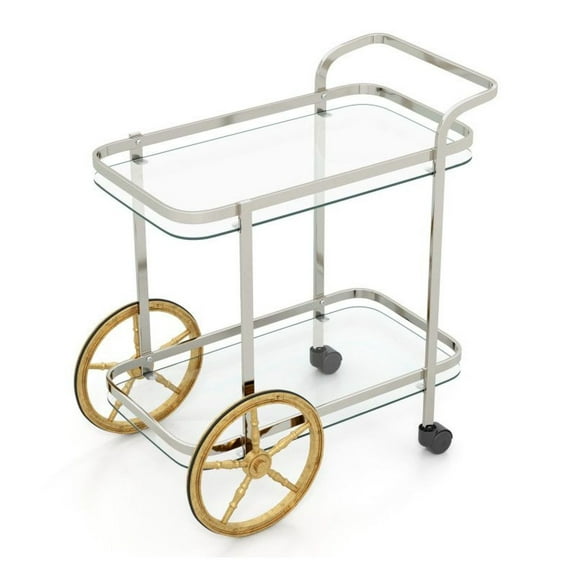 FASCK 2-Tier Tempered Glass Bar Cart with 2 Large Aluminum Wheels & 2 Casters, Modern Rolling Serving Cart for Living Room, Home Bar, Party Hosts