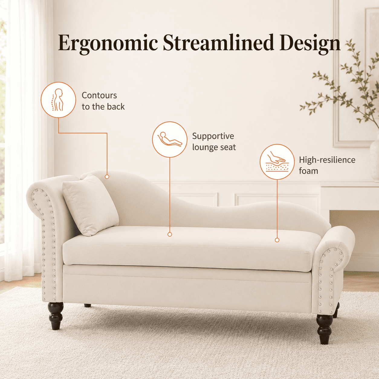 Aukfa 64.5" Modern Velvet Chaise Lounge with Storage, Left Armrest Lounge Sofa with Silver Nailhead Trim & Lumbar Pillow,Beige