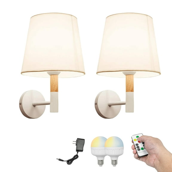 Kiven Battery Operated Wall Sconces, Modern Wall Lights with Rechargeable LED bulb and Fabric Shade,Dimmable,Timing（Set of 2）