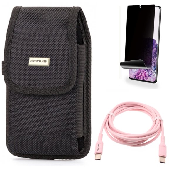 Privacy Screen Protector w Case Belt Clip w Pink 6ft Long Cable for Samsung Galaxy S20 Plus - TPU Film [NOT GLASS] [Fingerprint Works], Swivel Holster Rugged, USB-C to Type-C PD fits Galaxy S20 Plus
