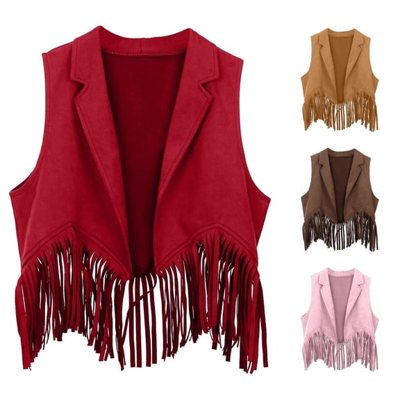 RMGVDSD Boys Girls Western Cowboy Cowgirl Outfits Open Front Fringe Vest Sleeveless Tassel Fringe Waistcoat Holiday Party Tops 11-12 Years