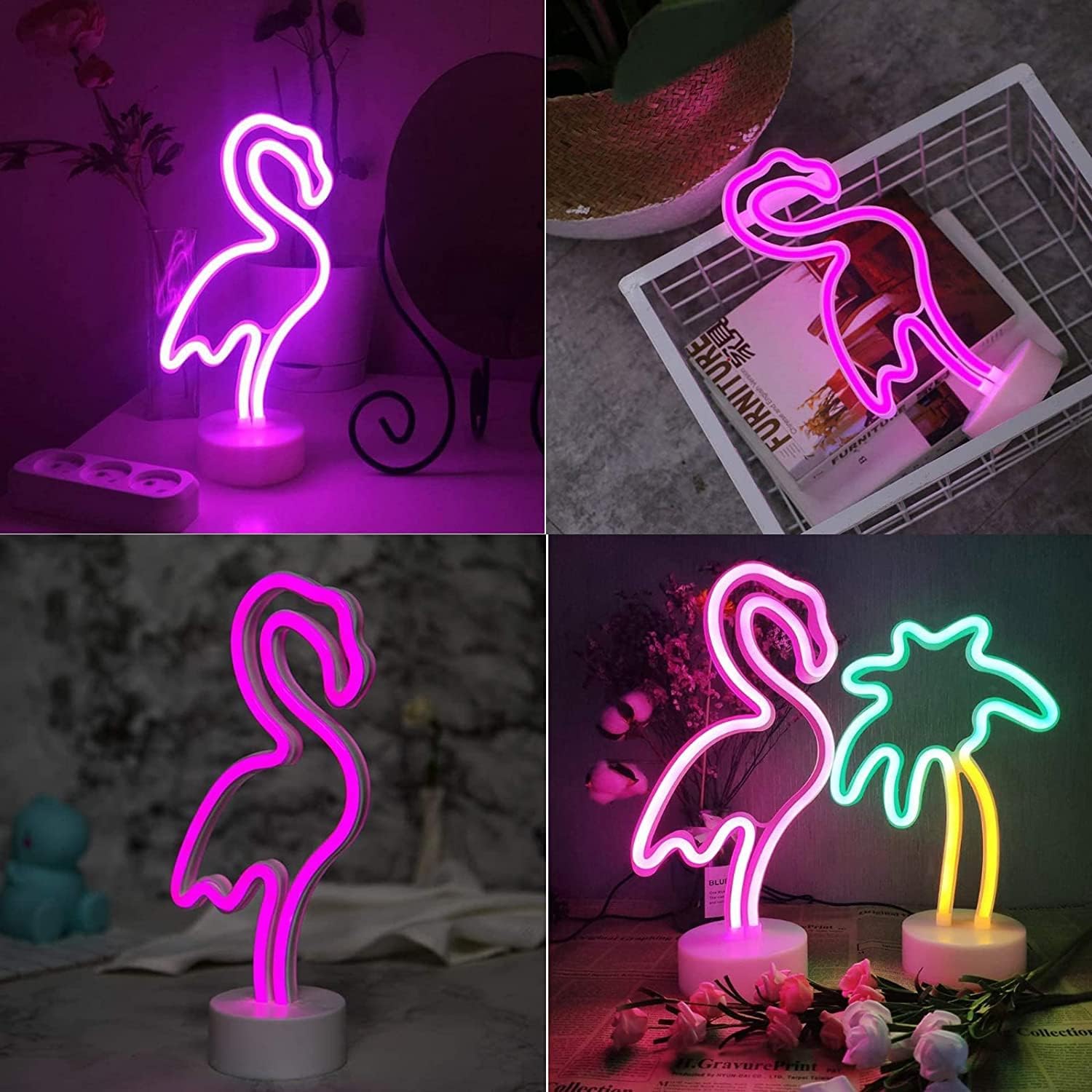 SHANJIA Neon Sign, LED Decor Night Light USB/Battery Flamingo Neon Lights with Base, for Bedroom Decoration Game Room Bar Party Kids Valentine's Gift Decor