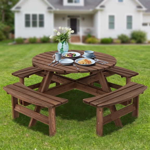 Resenkos Patio 8 Seat Wood Picnic Dining Seat Bench Set for Patio Back Deck, Balcany, Poolside, Brown