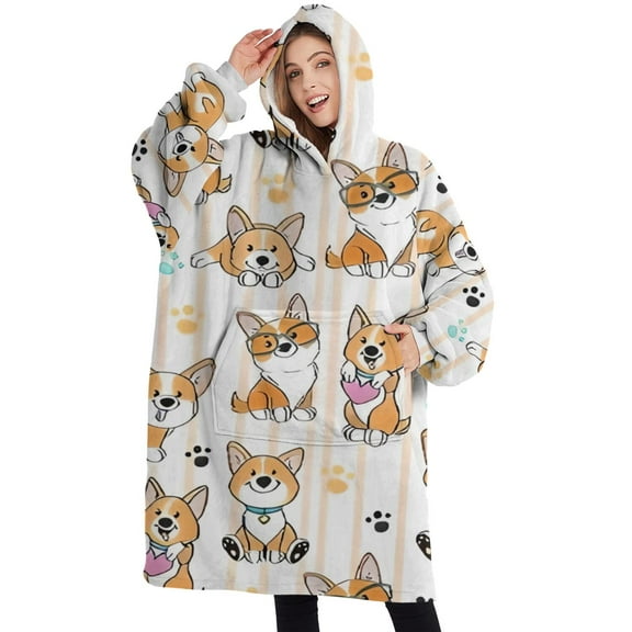 Oversized Wearable Blanket Hoodie,Cartoon Corgi Sherpa Blanket Hoodie with Super Pockets,Super Warm Fuzzy Pullover for Women & Men