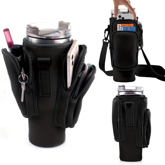 1pc Black Water Bottle Carrier Bag with Phone Pocket for 40/30oz Tumbler Neoprene Water Bottle Holder Pouch