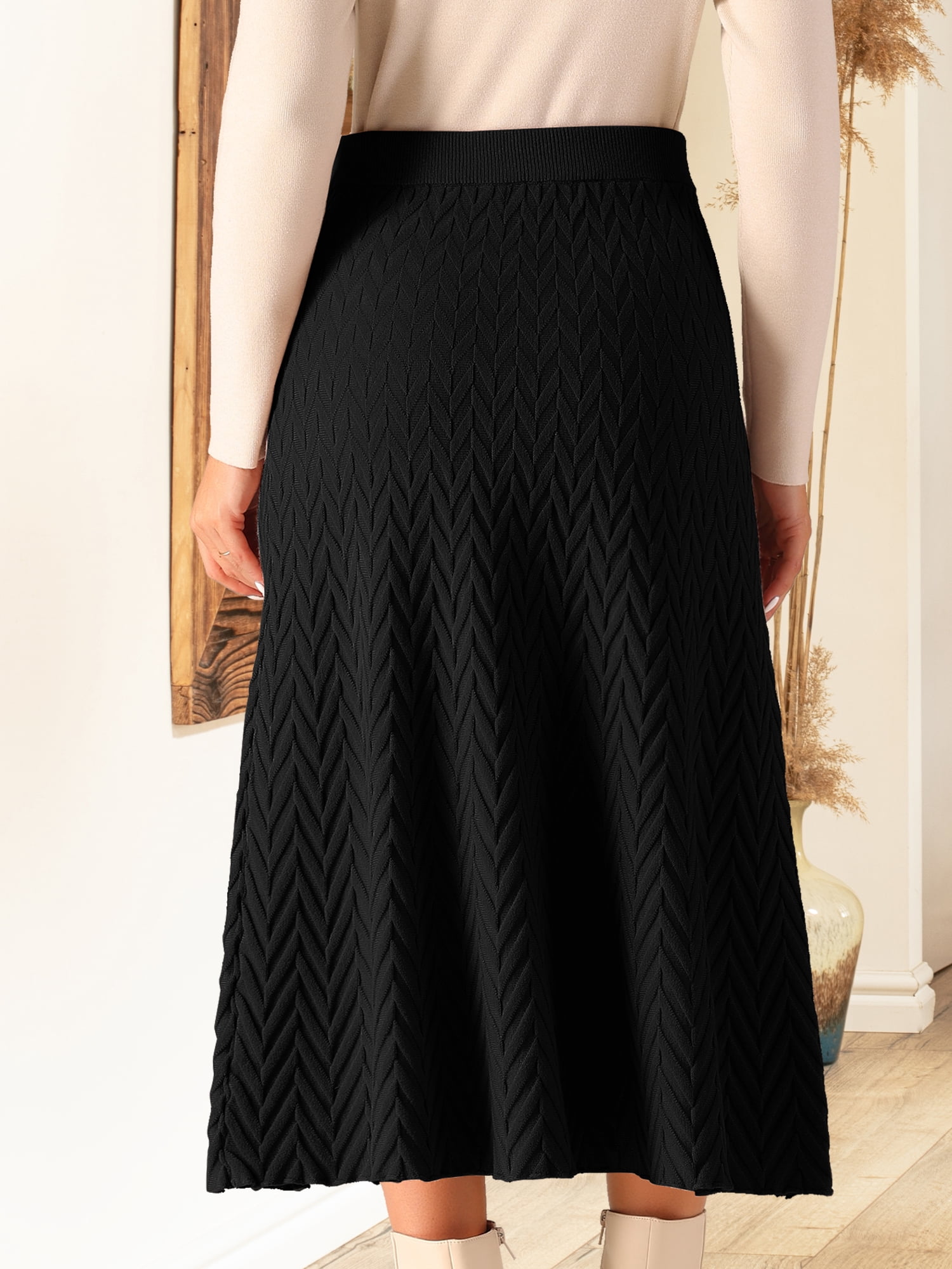 DARING DIVA Women's A-Line Skirts Stretchy Sweater Midi Skirt S Black