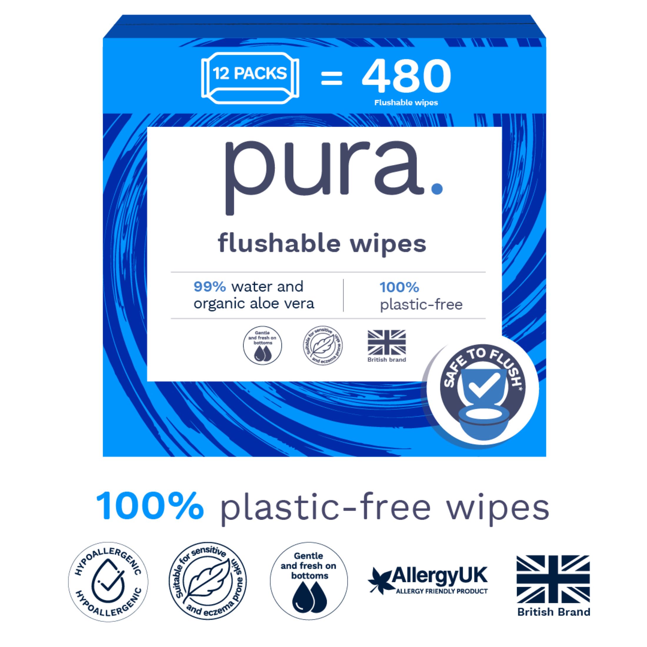 Pura Flushable Fragrance-Free Allergy UK Certified Toilet Wipes, 480 Count (Choose Your Count)