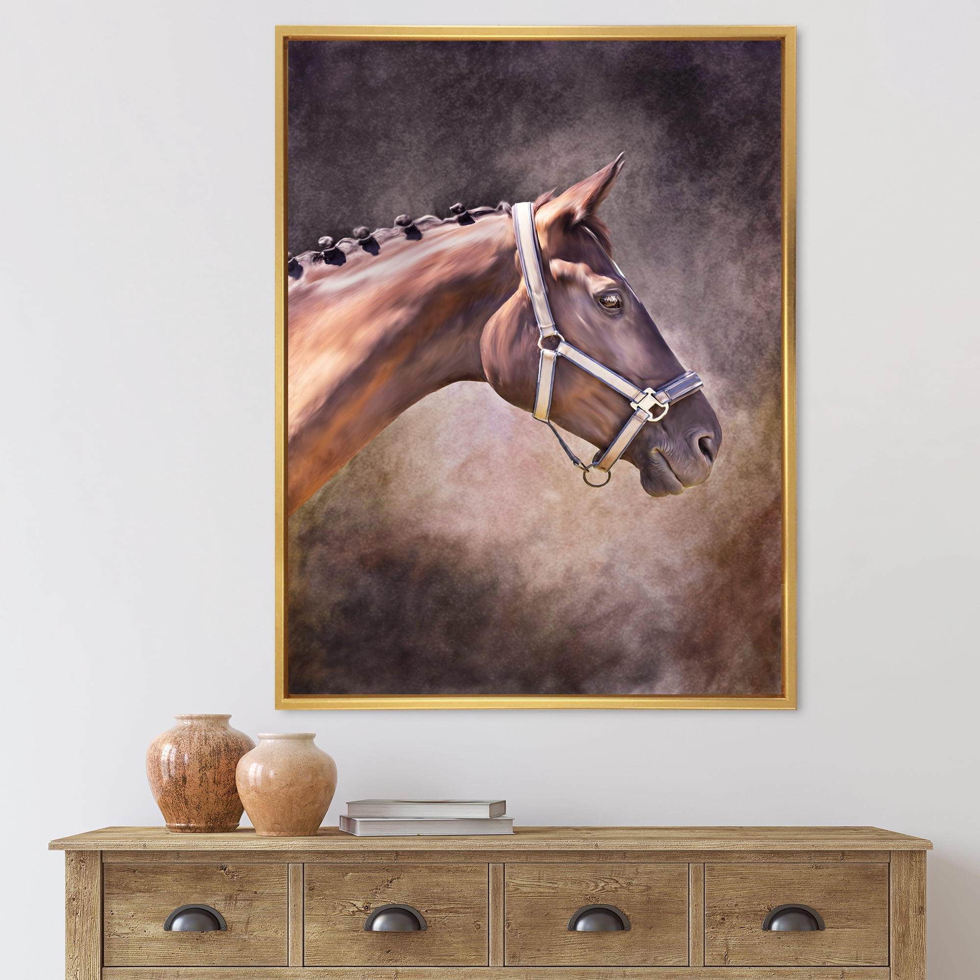 Designart 'Close Up Portrait Of Brown Horse' Farmhouse Framed Canvas Wall Art Print