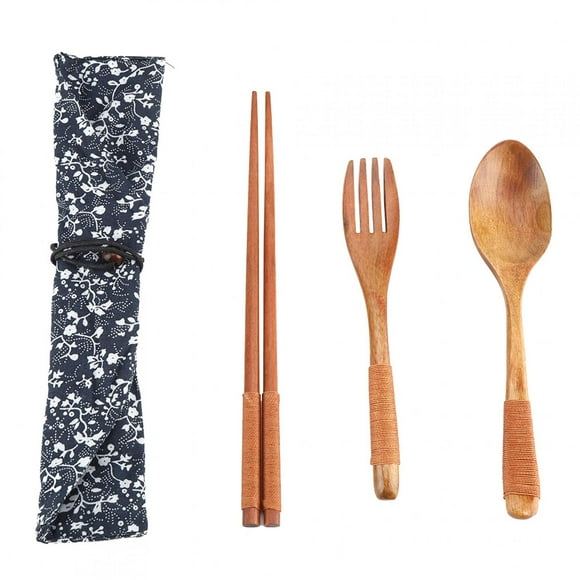 Portable Chopsticks, Fork, Spoon with Carry Bag for Picnics & Travel Golden 4-Piece Wooden Cutlery Set
