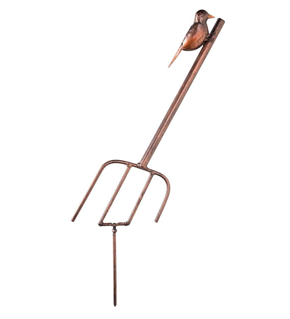 Metal Garden Tool Stake with Bird, Pitchfork