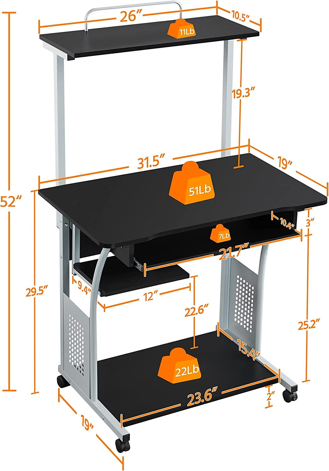 JessieMal 2 Tier Mobile Computer Desk with Printer Shelf & Keyboard Tray Rolling Computer Table for Small Spaces, Compact Study Workstation with Wheels, Space Saving, Black