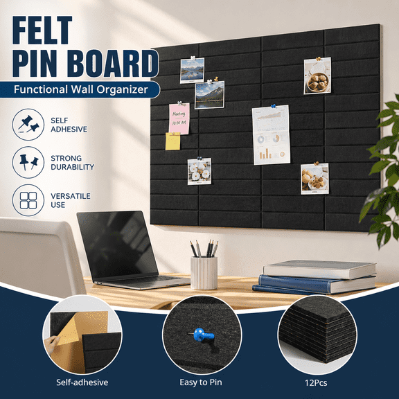 VBNDMAW 12 Pack Felt Bulletin Board Tiles, Self-Adhesive Pin Board for Wall, Cork Board Alternative, Black, 12 x 12 in Each, 48 x 36 in Layout