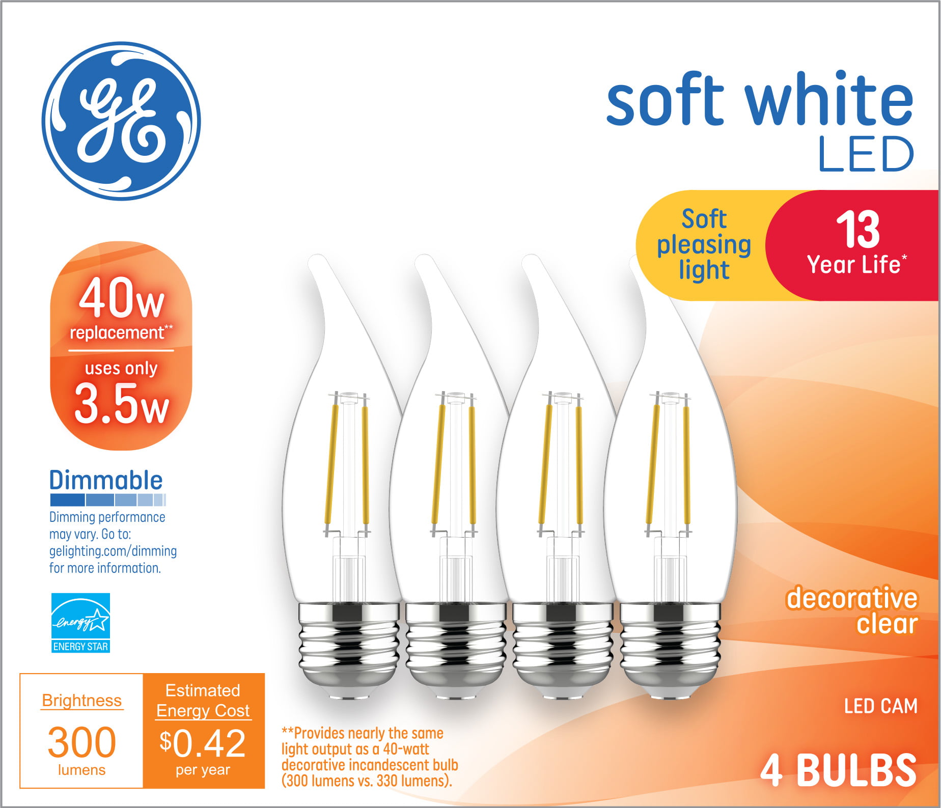 GE LED Decorative Light Bulbs, Soft White, 40 Watt Eqv, Medium Base, 13 Year, 4pk