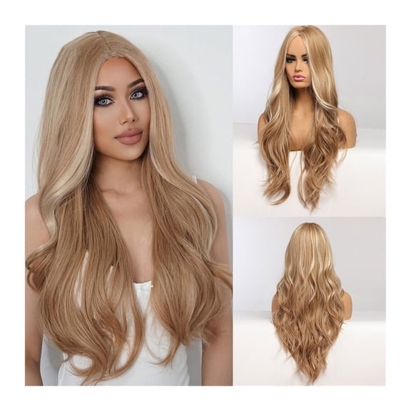 30inch Golden Highlight Blonde Long Wavy Synthetic Wigs Middle Part Natural Hairs for Women Daily Party Heat Resistant Fibers