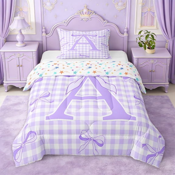 Erosebridal Cute Coquette Bow Twin Comforter Sets For Girls,Purple Alphabet A Theme Kids Bedding Set,Colorful Stars Reversible,2 Pieces