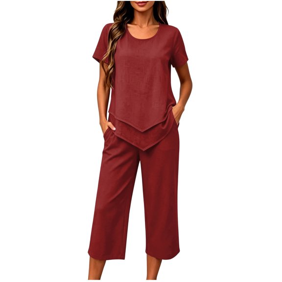 QIYAGBSA 2 Piece Sets for Women Round Neck Top and Capri Pants with Pockets Relaxed Fit Summer Casual Lounge Wear (Red L)