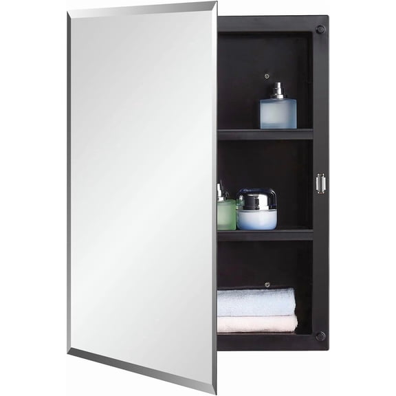 Black Plastic Bathroom  Mirror Cabinet Beveled Edge, 16 x 20 inch, Surface and Recessed Mount