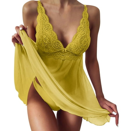 Pimfylm Lingerie Plus Size Plus Size Lingerie Lace Womens Strap Chemise Nightgown V Neck Nighty Mesh Sleepwear Side Slit Nightdress Yellow 3XL