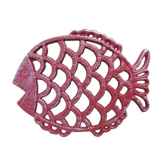 Rustic Red Whitewashed Cast Iron Big Fish Trivet 8" - Sea Life Decor - Beach T