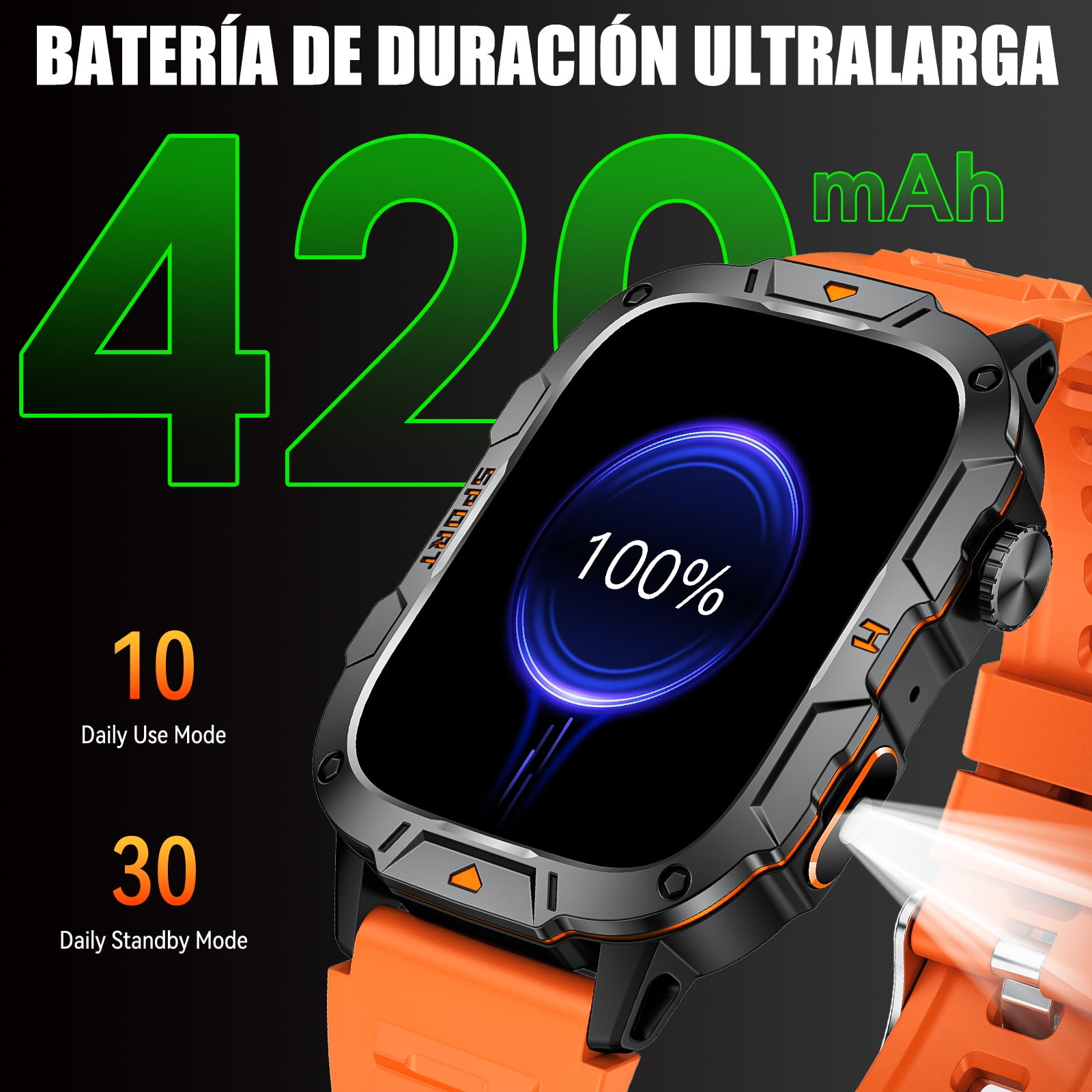 Cyberdyer Men's Smart Watch with LED Flashlight, 1.96" HD Screen, 100+ Sports Modes, 25-Day Standby, Compatible with iPhone & Android, Holiday Gift