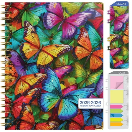Academic Year 2025-2026 Planner, June 2025 - July 2026, 8.5"x11" Daily Weekly Monthly Planner Yearly Agenda, Hardcover, Bookmark, Pocket Folder and Sticky Note Set (Colorful Butterflies)