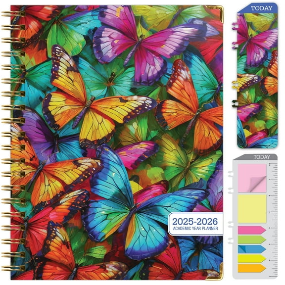 Academic Year 2025-2026 Planner, June 2025 - July 2026, 8.5"x11" Daily Weekly Monthly Planner Yearly Agenda, Hardcover, Bookmark, Pocket Folder and Sticky Note Set (Colorful Butterflies)