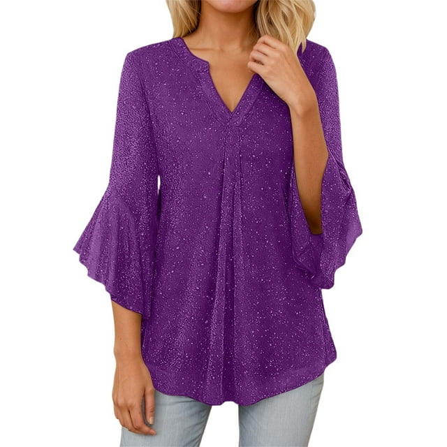 GDREDA Fashionable Loose Fit Top With Decorative Thread Mesh Yoke And Petal Design Three Quarter Sleeve Casual Blouse For Everyday Wear Comfortable Breathable T-Shirt Style Elegant Outfit Purple,L
